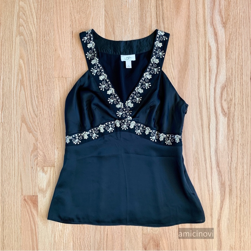Mid 2000s black satin sleeveless top with gold sequins and embroidery by LOFT
